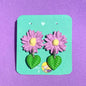 Aretes · Flor Gerbera morada Grande con Hoja colgante